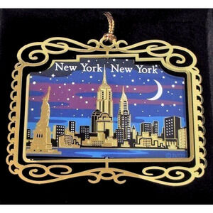 New York City Ornament At Night Skyline, Colored Brass